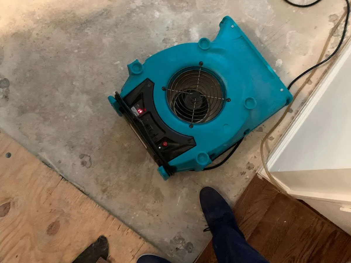 Air mover drying subfloor during Leak Detection & Repair in Davie